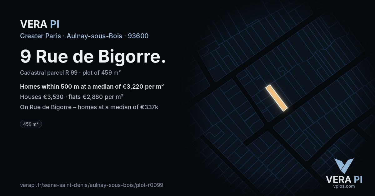 9 Rue de Bigorre, Aulnay-sous-Bois at night – the plot lit, the parcels around coloured by the prices near them