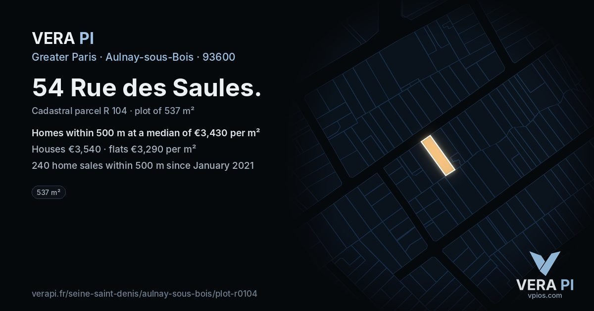 54 Rue des Saules, Aulnay-sous-Bois at night – the plot lit, the parcels around coloured by the prices near them