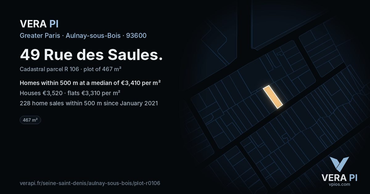 49 Rue des Saules, Aulnay-sous-Bois at night – the plot lit, the parcels around coloured by the prices near them