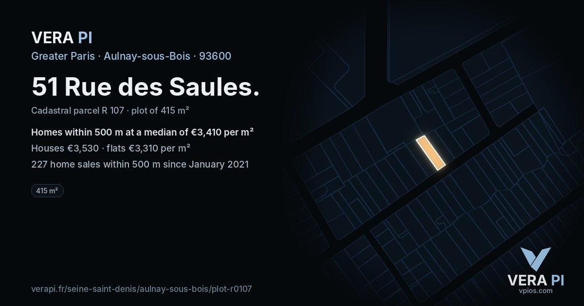 51 Rue des Saules, Aulnay-sous-Bois at night – the plot lit, the parcels around coloured by the prices near them