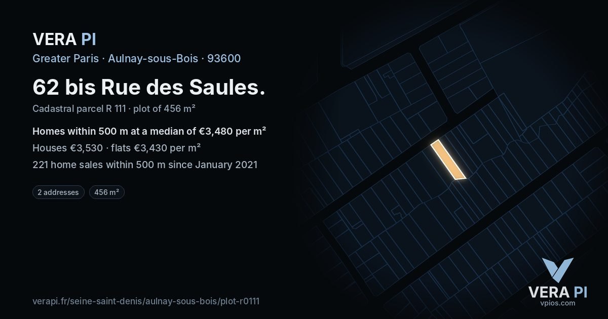 62 bis Rue des Saules, Aulnay-sous-Bois at night – the plot lit, the parcels around coloured by the prices near them