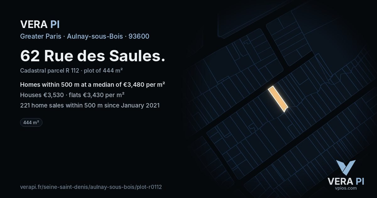 62 Rue des Saules, Aulnay-sous-Bois at night – the plot lit, the parcels around coloured by the prices near them
