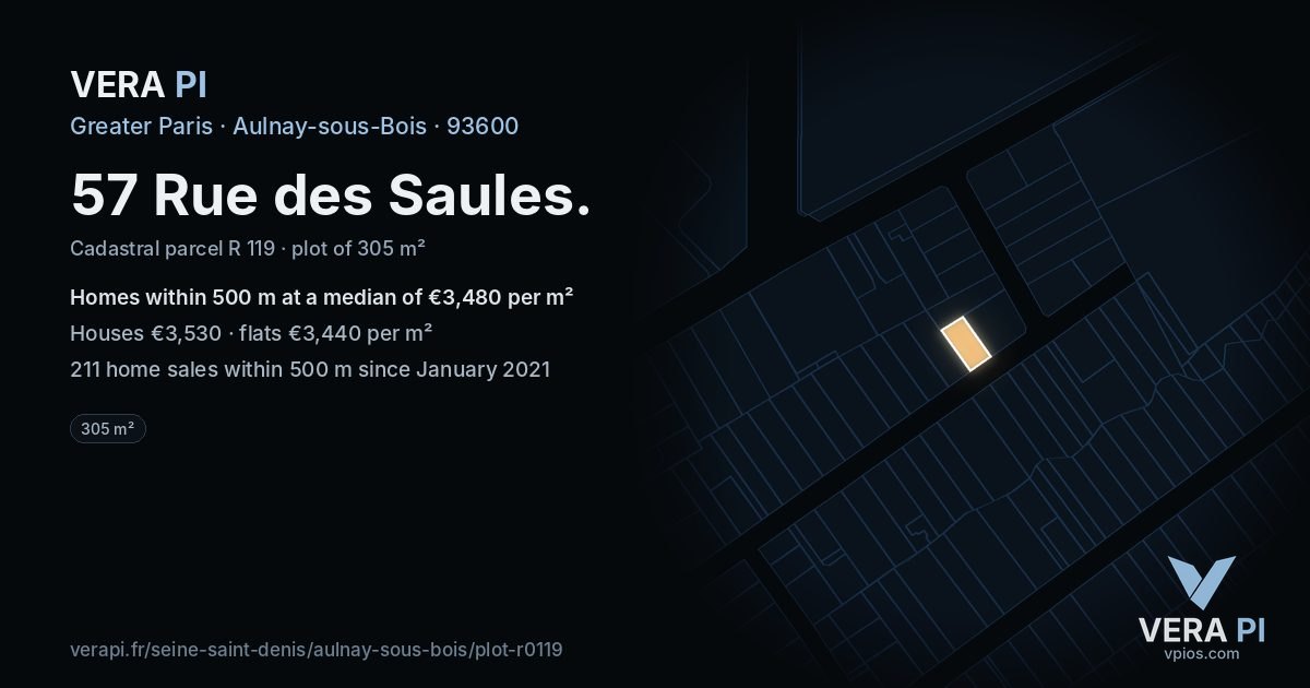 57 Rue des Saules, Aulnay-sous-Bois at night – the plot lit, the parcels around coloured by the prices near them