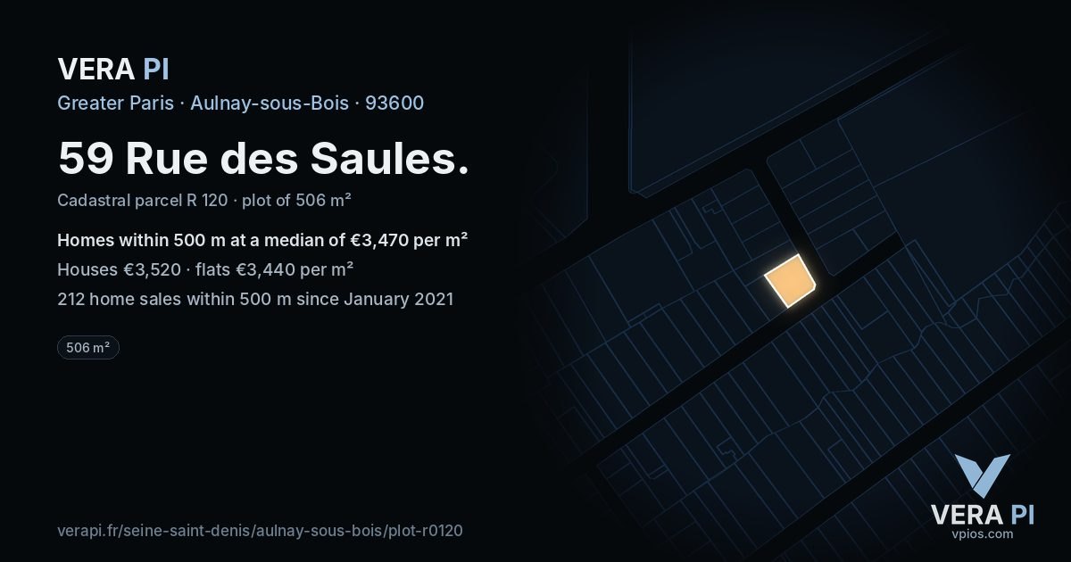 59 Rue des Saules, Aulnay-sous-Bois at night – the plot lit, the parcels around coloured by the prices near them