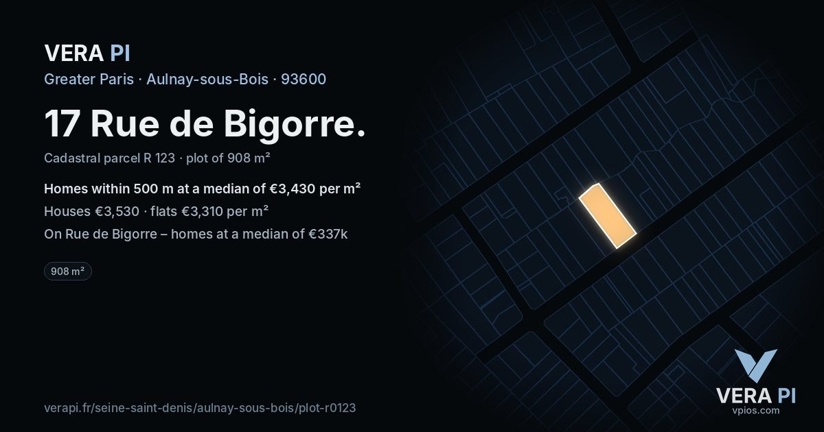 17 Rue de Bigorre, Aulnay-sous-Bois at night – the plot lit, the parcels around coloured by the prices near them