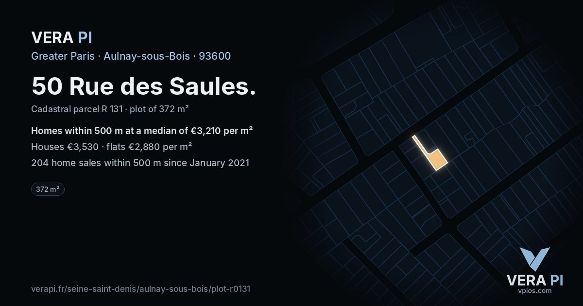 50 Rue des Saules, Aulnay-sous-Bois at night – the plot lit, the parcels around coloured by the prices near them
