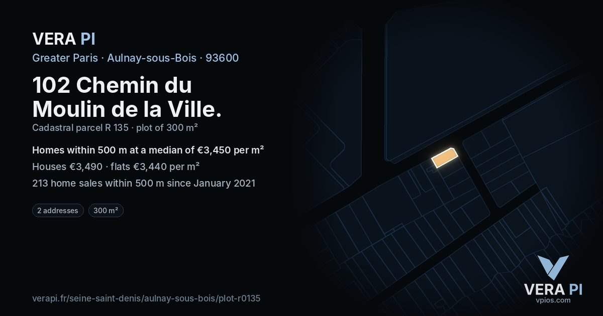 102 Chemin du Moulin de la Ville, Aulnay-sous-Bois at night – the plot lit, the parcels around coloured by the prices near them