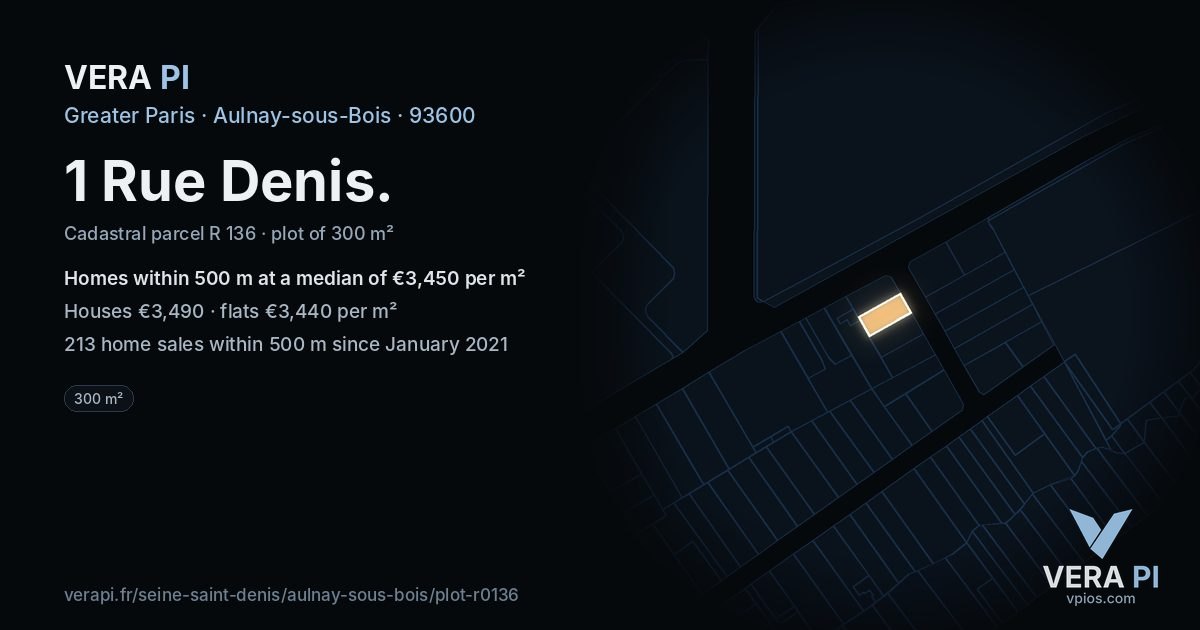 1 Rue Denis, Aulnay-sous-Bois at night – the plot lit, the parcels around coloured by the prices near them