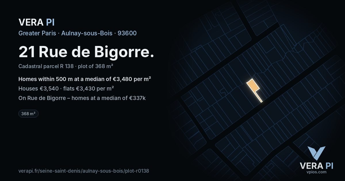 21 Rue de Bigorre, Aulnay-sous-Bois at night – the plot lit, the parcels around coloured by the prices near them