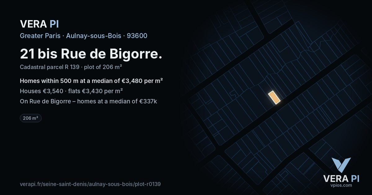 21 bis Rue de Bigorre, Aulnay-sous-Bois at night – the plot lit, the parcels around coloured by the prices near them