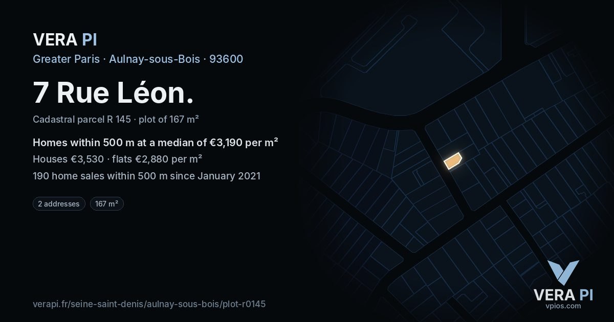 7 Rue Léon, Aulnay-sous-Bois at night – the plot lit, the parcels around coloured by the prices near them