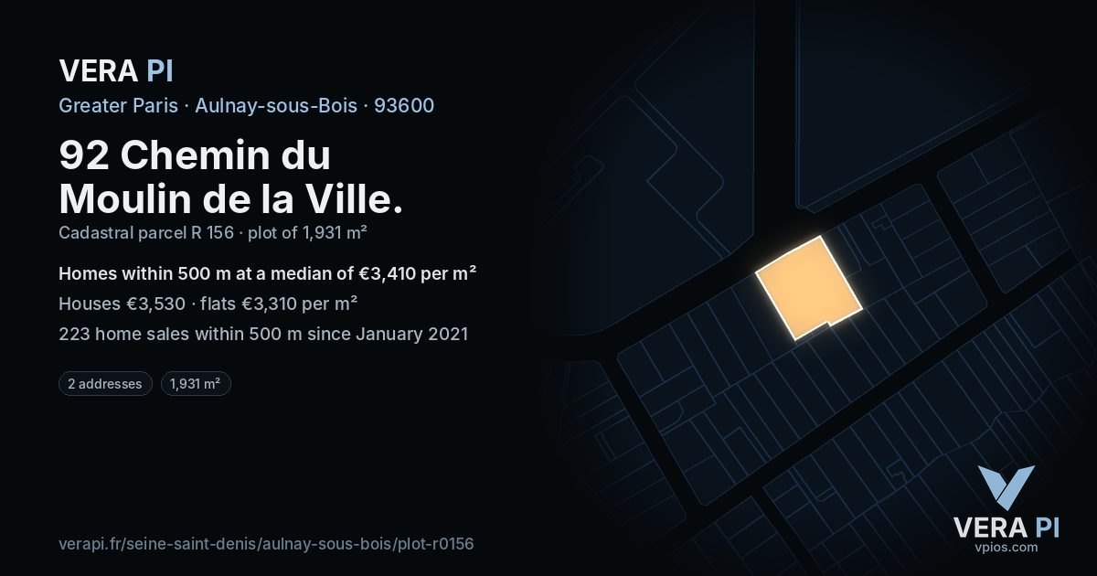 92 Chemin du Moulin de la Ville, Aulnay-sous-Bois at night – the plot lit, the parcels around coloured by the prices near them