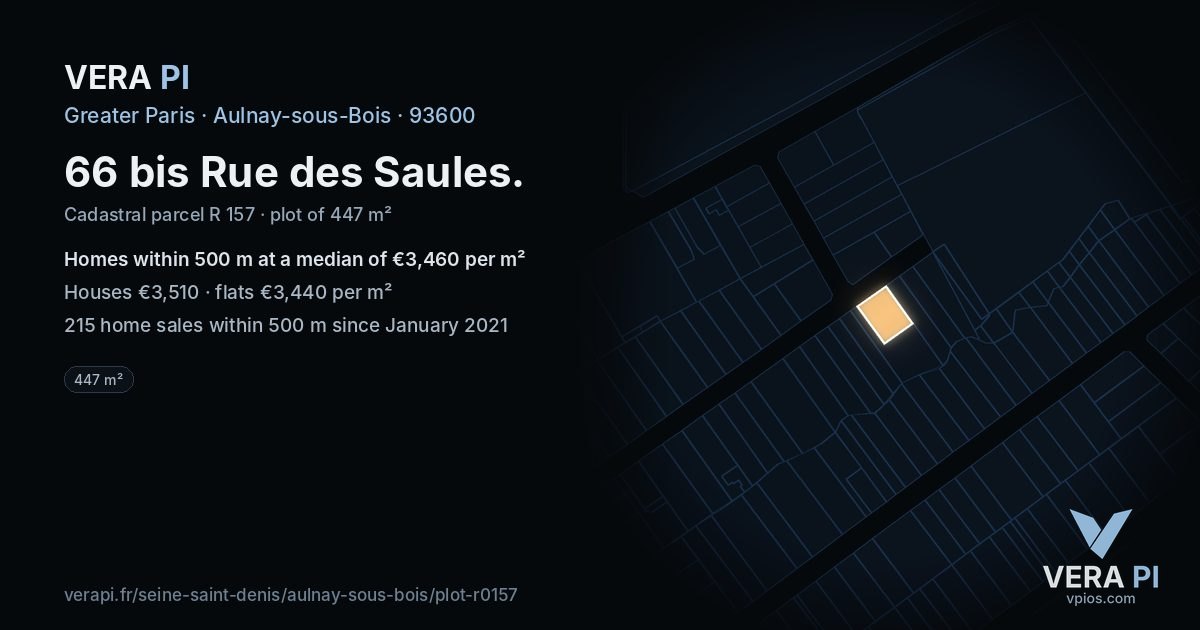 66 bis Rue des Saules, Aulnay-sous-Bois at night – the plot lit, the parcels around coloured by the prices near them