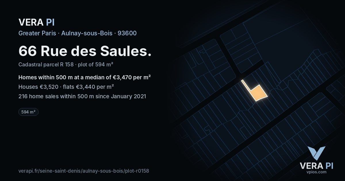 66 Rue des Saules, Aulnay-sous-Bois at night – the plot lit, the parcels around coloured by the prices near them