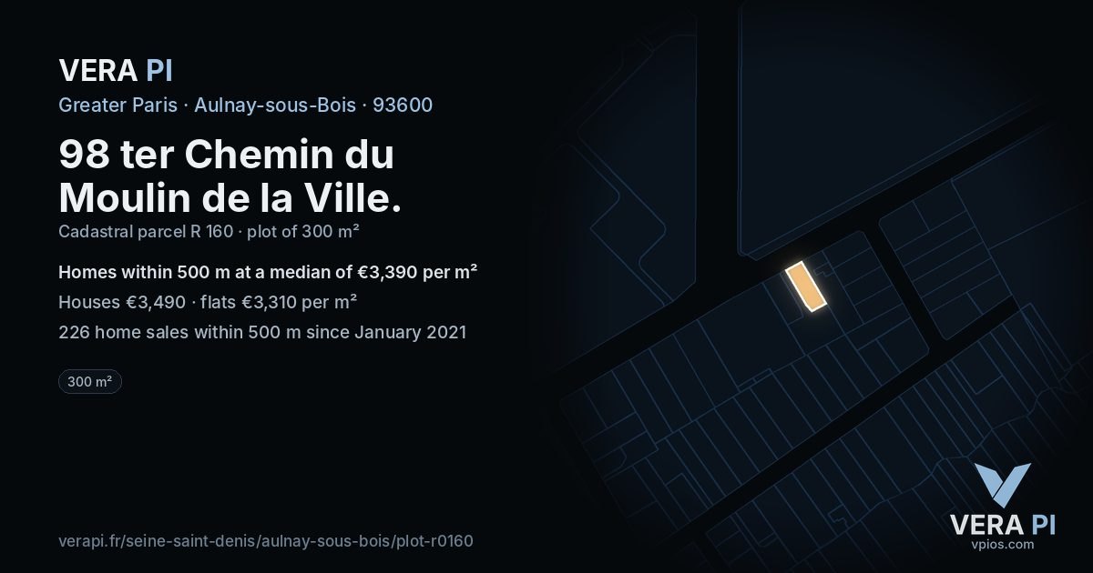 98 ter Chemin du Moulin de la Ville, Aulnay-sous-Bois at night – the plot lit, the parcels around coloured by the prices near them