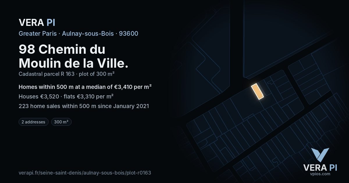 98 Chemin du Moulin de la Ville, Aulnay-sous-Bois at night – the plot lit, the parcels around coloured by the prices near them