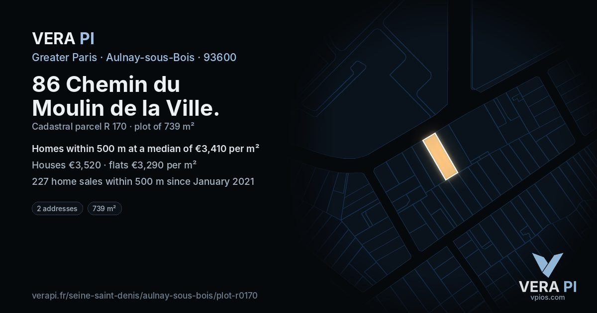 86 Chemin du Moulin de la Ville, Aulnay-sous-Bois at night – the plot lit, the parcels around coloured by the prices near them