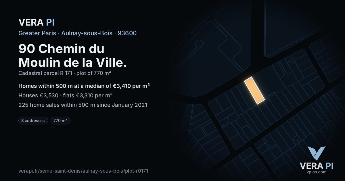 90 Chemin du Moulin de la Ville, Aulnay-sous-Bois at night – the plot lit, the parcels around coloured by the prices near them