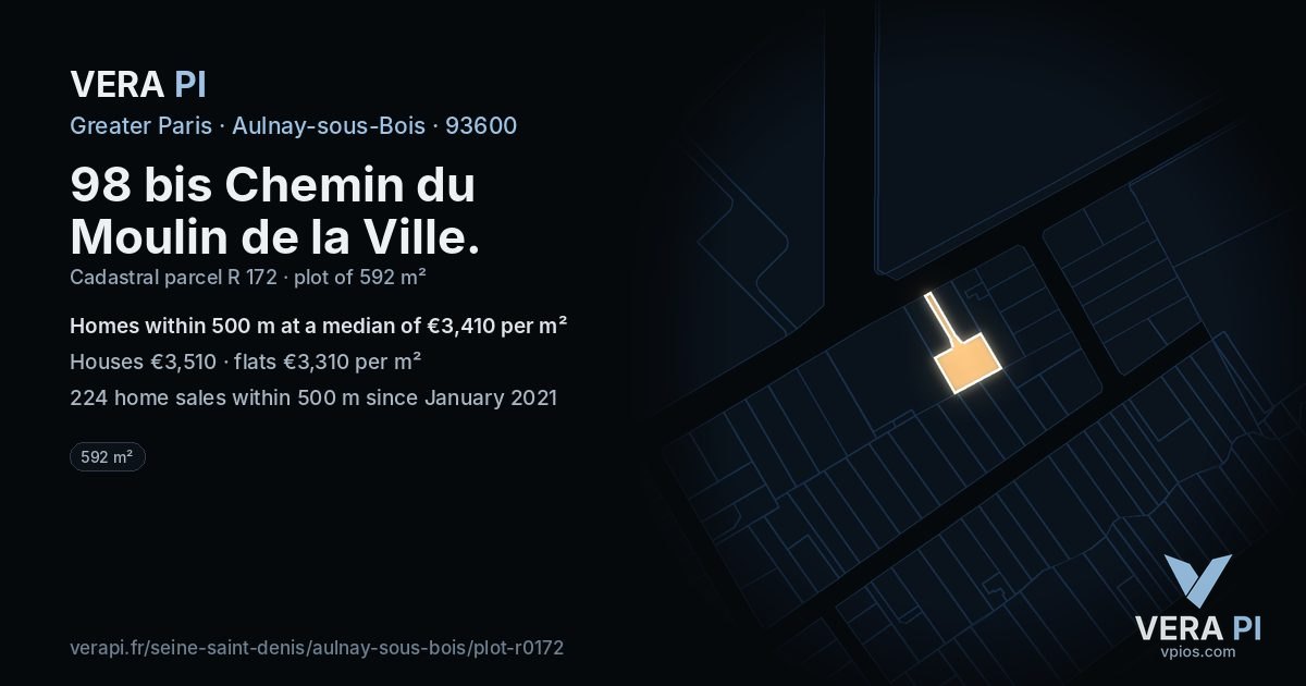 98 bis Chemin du Moulin de la Ville, Aulnay-sous-Bois at night – the plot lit, the parcels around coloured by the prices near them