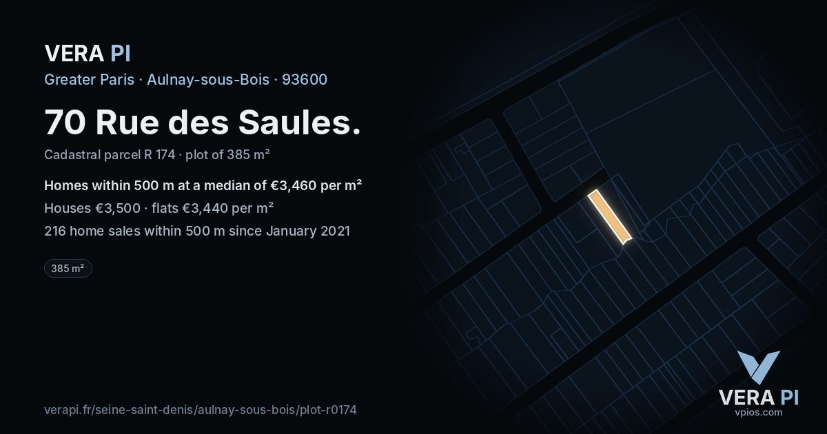 70 Rue des Saules, Aulnay-sous-Bois at night – the plot lit, the parcels around coloured by the prices near them