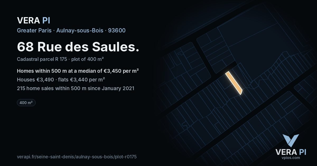68 Rue des Saules, Aulnay-sous-Bois at night – the plot lit, the parcels around coloured by the prices near them