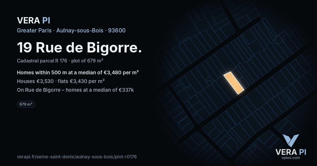 19 Rue de Bigorre, Aulnay-sous-Bois at night – the plot lit, the parcels around coloured by the prices near them