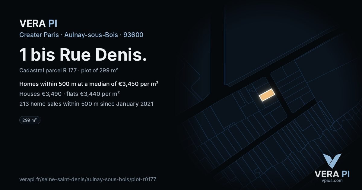 1 bis Rue Denis, Aulnay-sous-Bois at night – the plot lit, the parcels around coloured by the prices near them
