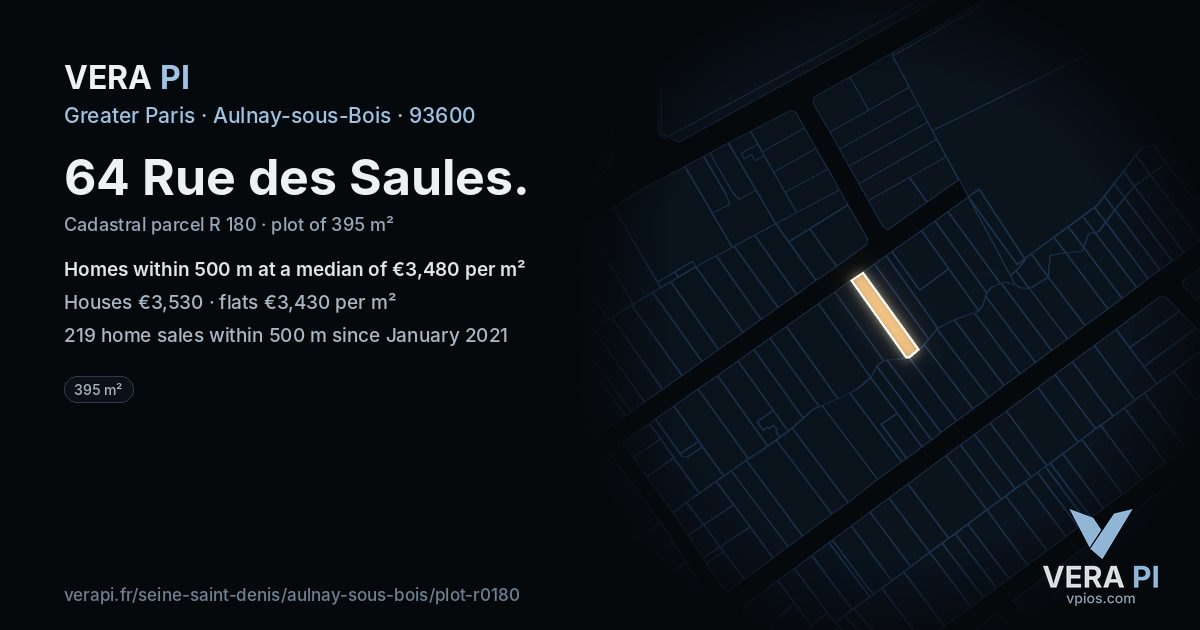 64 Rue des Saules, Aulnay-sous-Bois at night – the plot lit, the parcels around coloured by the prices near them