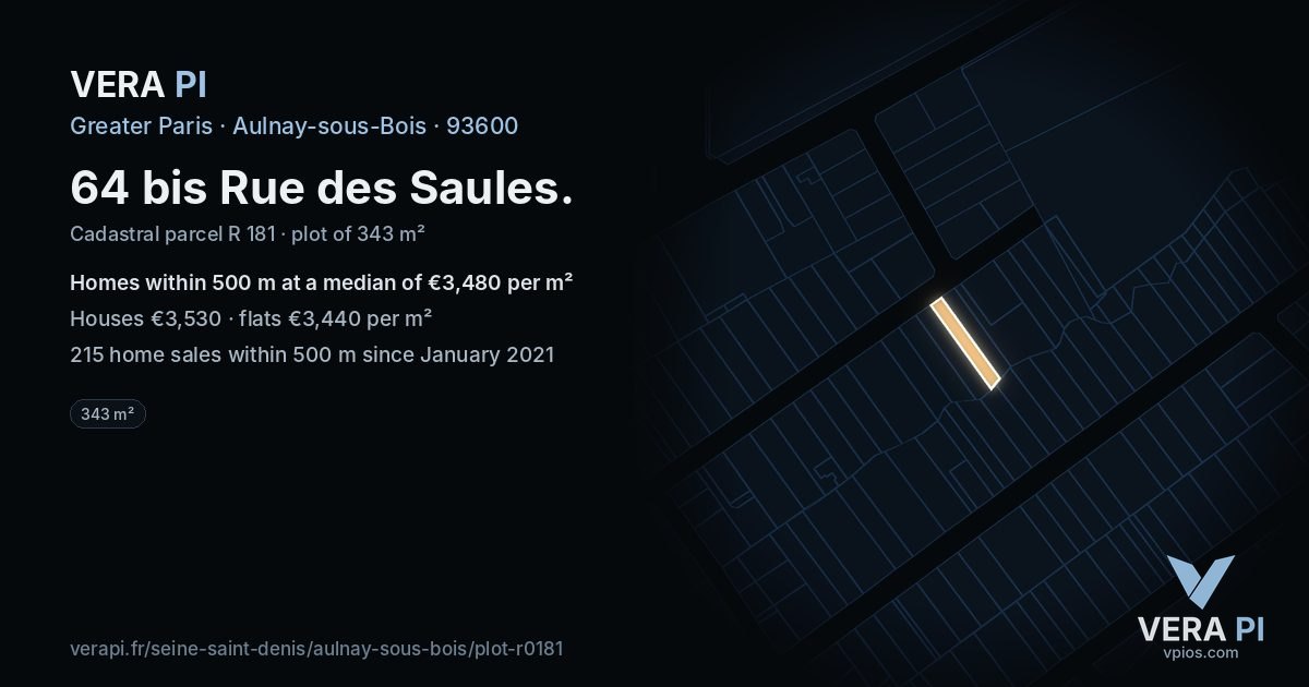 64 bis Rue des Saules, Aulnay-sous-Bois at night – the plot lit, the parcels around coloured by the prices near them