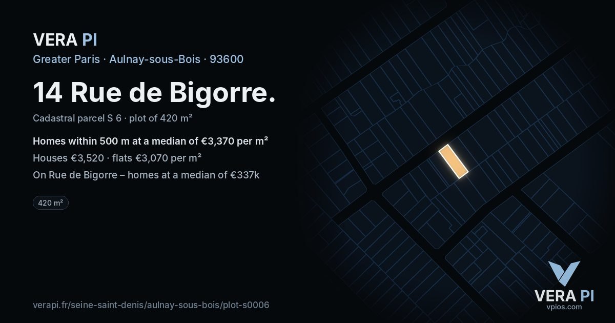 14 Rue de Bigorre, Aulnay-sous-Bois at night – the plot lit, the parcels around coloured by the prices near them