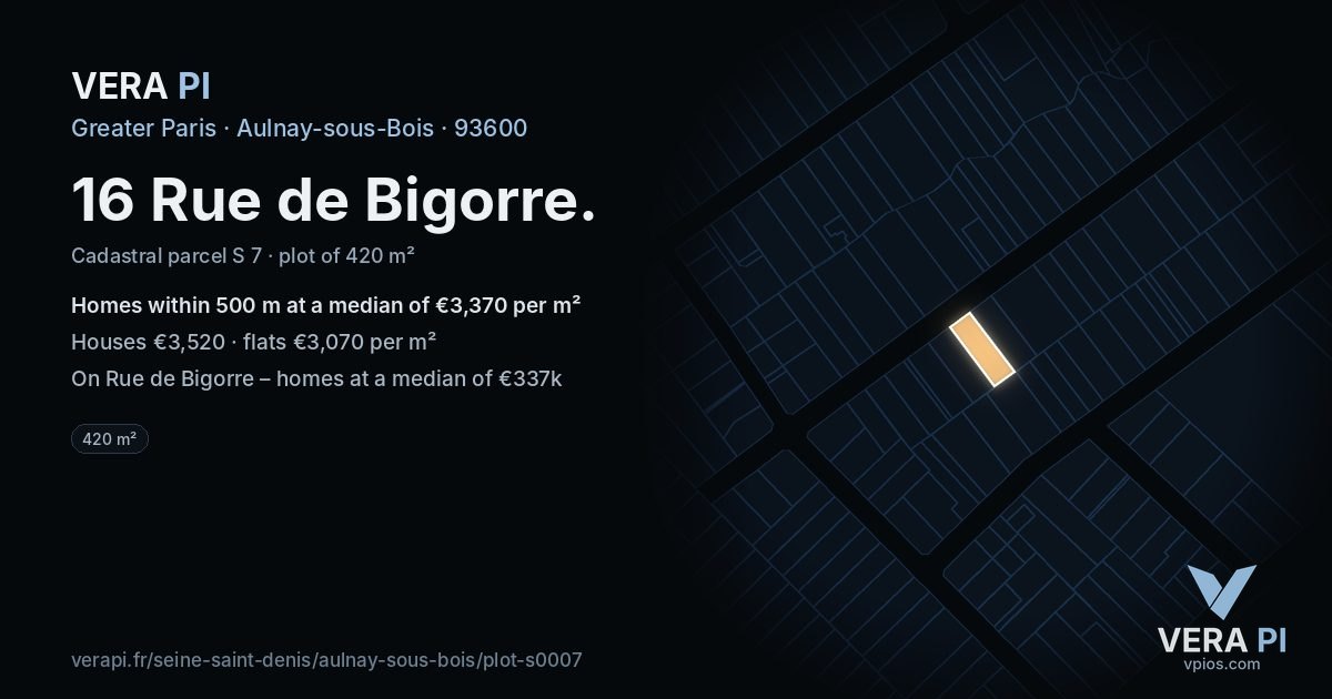 16 Rue de Bigorre, Aulnay-sous-Bois at night – the plot lit, the parcels around coloured by the prices near them