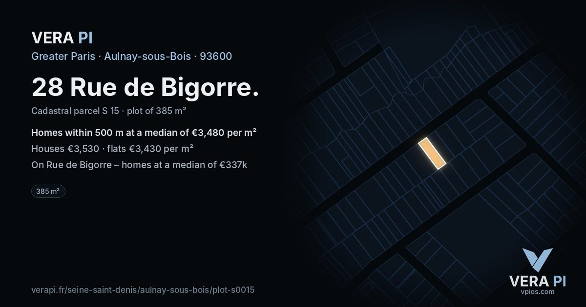 28 Rue de Bigorre, Aulnay-sous-Bois at night – the plot lit, the parcels around coloured by the prices near them