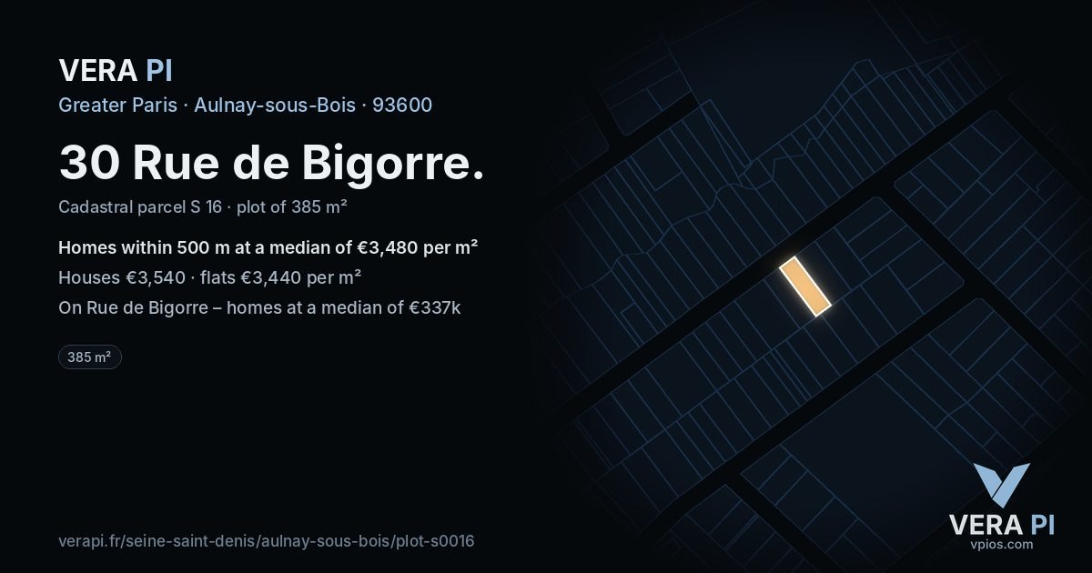 30 Rue de Bigorre, Aulnay-sous-Bois at night – the plot lit, the parcels around coloured by the prices near them