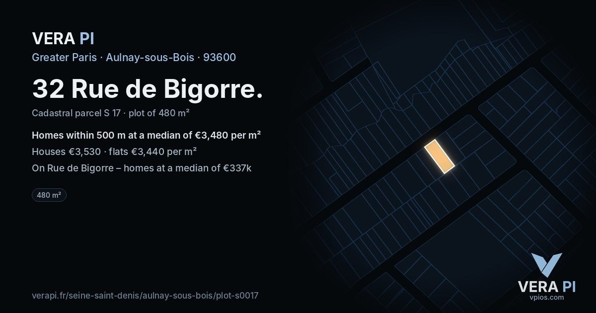 32 Rue de Bigorre, Aulnay-sous-Bois at night – the plot lit, the parcels around coloured by the prices near them