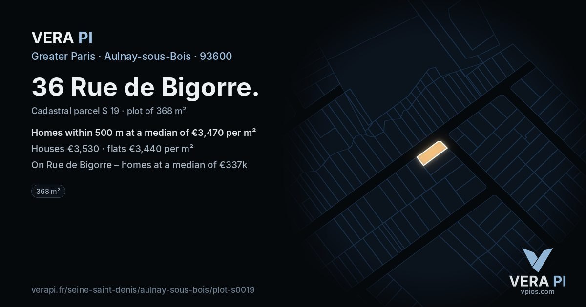 36 Rue de Bigorre, Aulnay-sous-Bois at night – the plot lit, the parcels around coloured by the prices near them