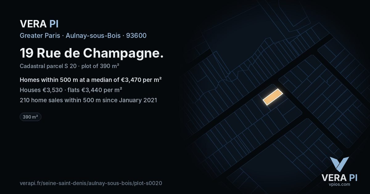 19 Rue de Champagne, Aulnay-sous-Bois at night – the plot lit, the parcels around coloured by the prices near them