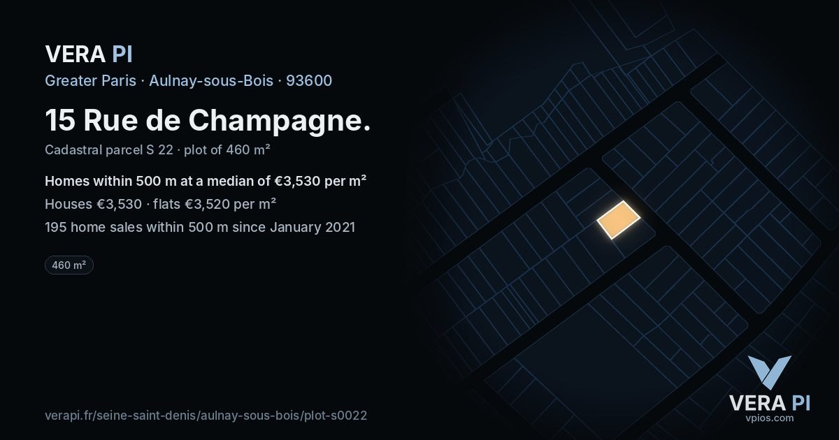15 Rue de Champagne, Aulnay-sous-Bois at night – the plot lit, the parcels around coloured by the prices near them