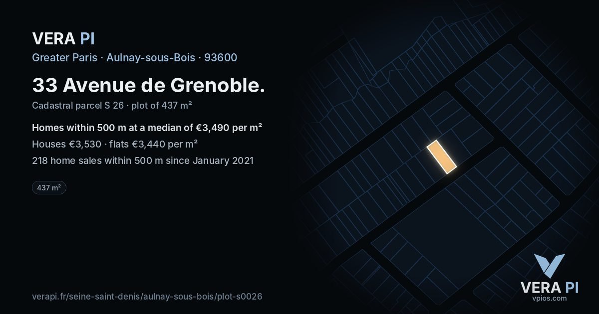33 Avenue de Grenoble, Aulnay-sous-Bois at night – the plot lit, the parcels around coloured by the prices near them