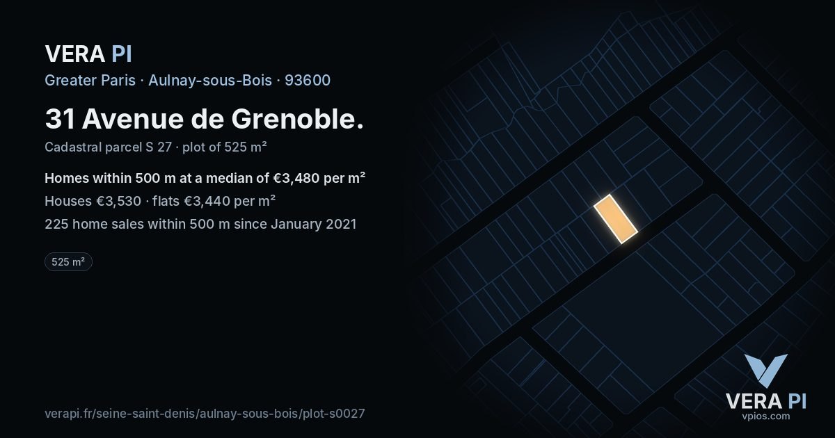 31 Avenue de Grenoble, Aulnay-sous-Bois at night – the plot lit, the parcels around coloured by the prices near them