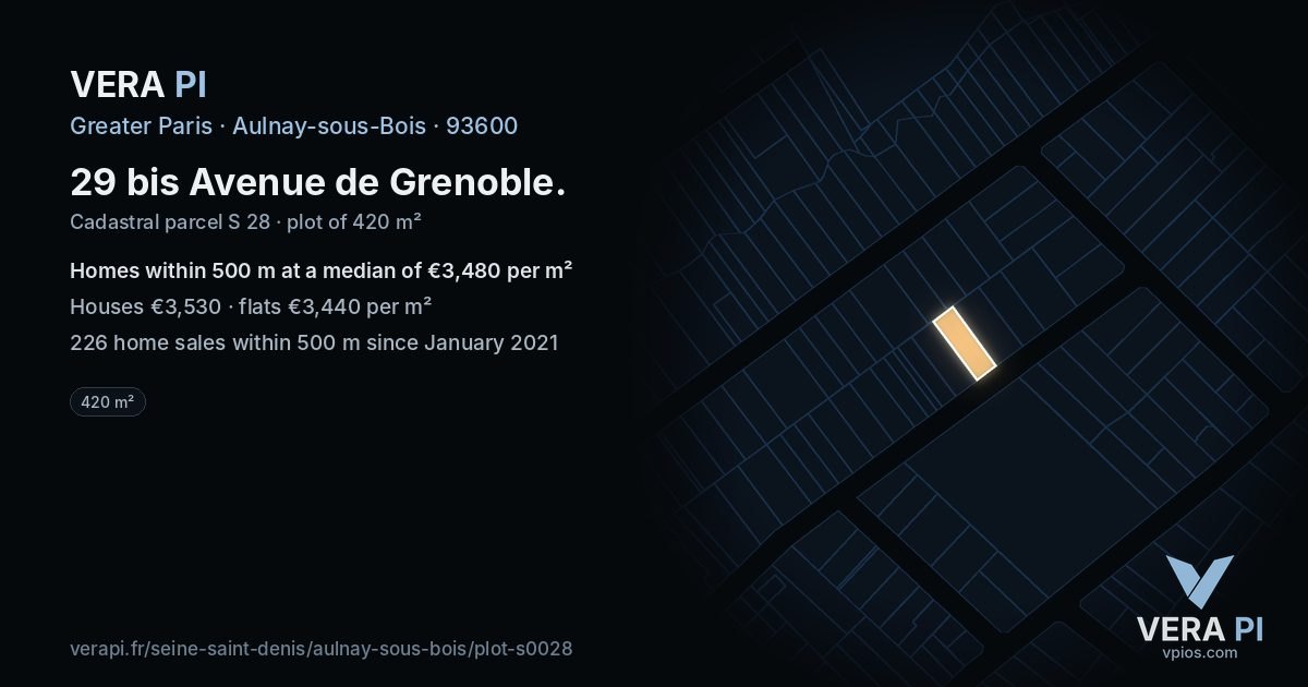 29 bis Avenue de Grenoble, Aulnay-sous-Bois at night – the plot lit, the parcels around coloured by the prices near them