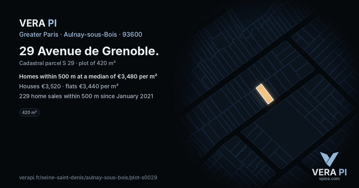 29 Avenue de Grenoble, Aulnay-sous-Bois at night – the plot lit, the parcels around coloured by the prices near them