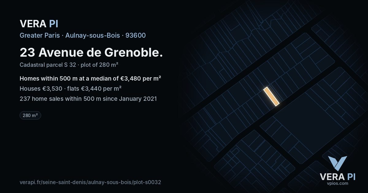 23 Avenue de Grenoble, Aulnay-sous-Bois at night – the plot lit, the parcels around coloured by the prices near them