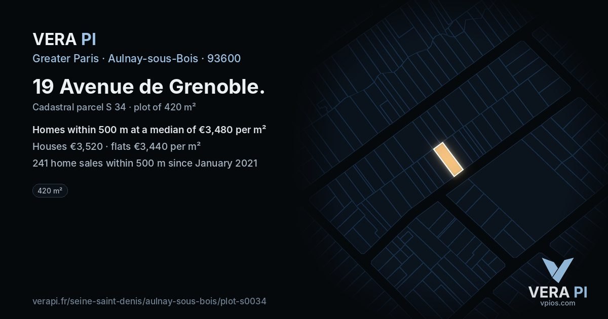 19 Avenue de Grenoble, Aulnay-sous-Bois at night – the plot lit, the parcels around coloured by the prices near them