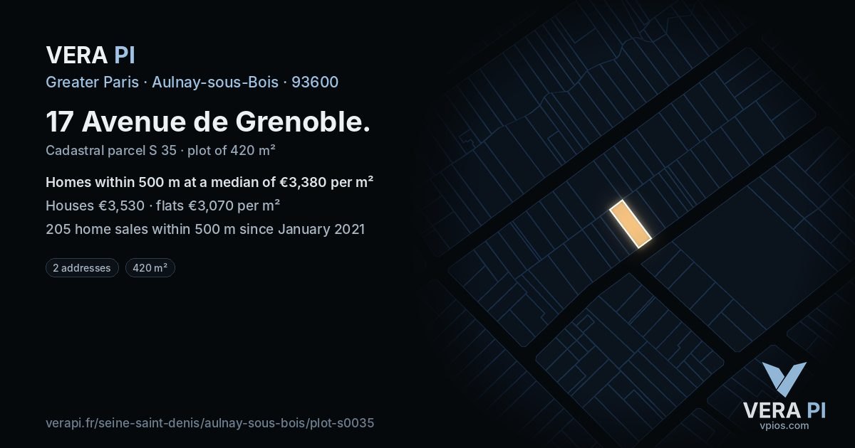 17 Avenue de Grenoble, Aulnay-sous-Bois at night – the plot lit, the parcels around coloured by the prices near them