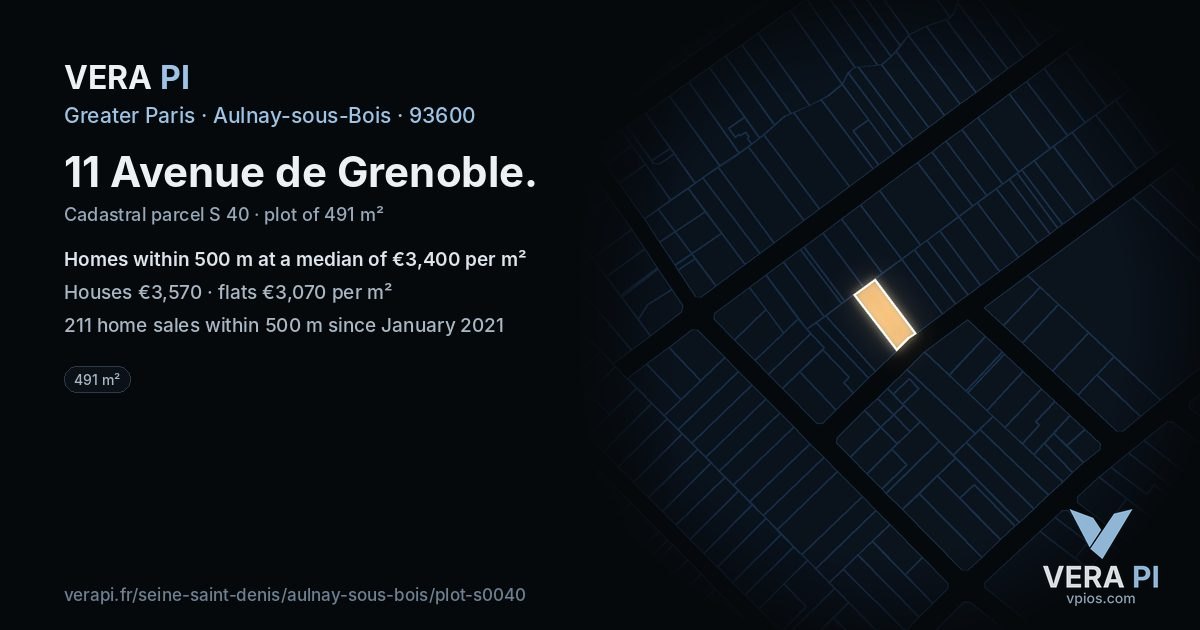 11 Avenue de Grenoble, Aulnay-sous-Bois at night – the plot lit, the parcels around coloured by the prices near them