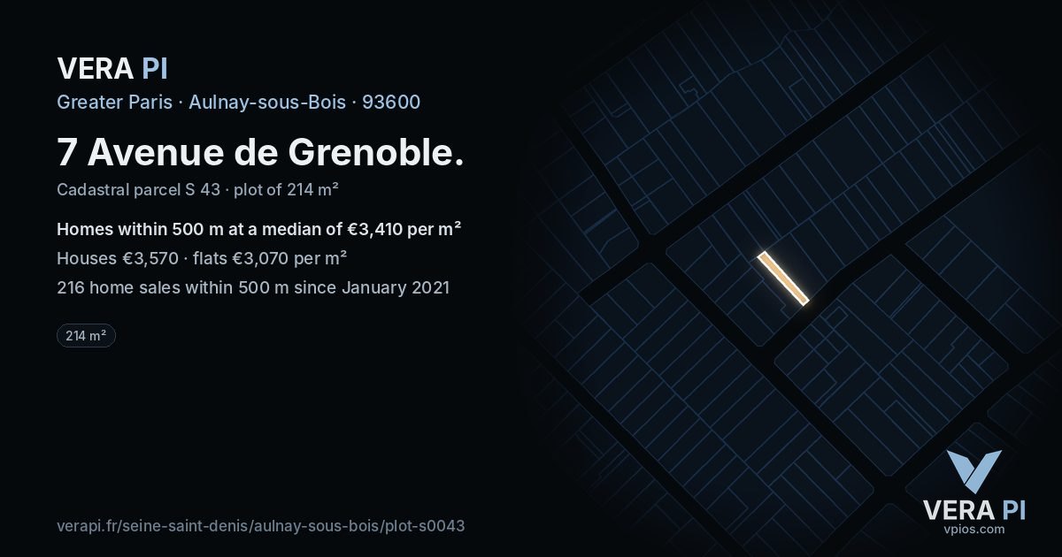 7 Avenue de Grenoble, Aulnay-sous-Bois at night – the plot lit, the parcels around coloured by the prices near them