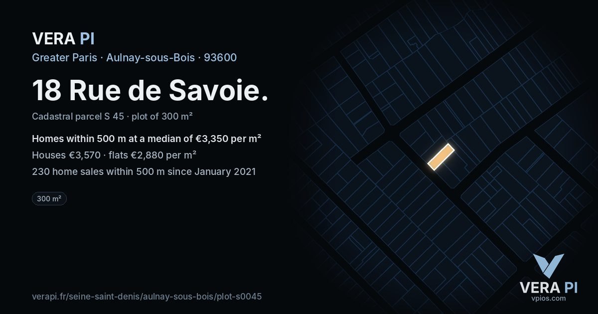 18 Rue de Savoie, Aulnay-sous-Bois at night – the plot lit, the parcels around coloured by the prices near them