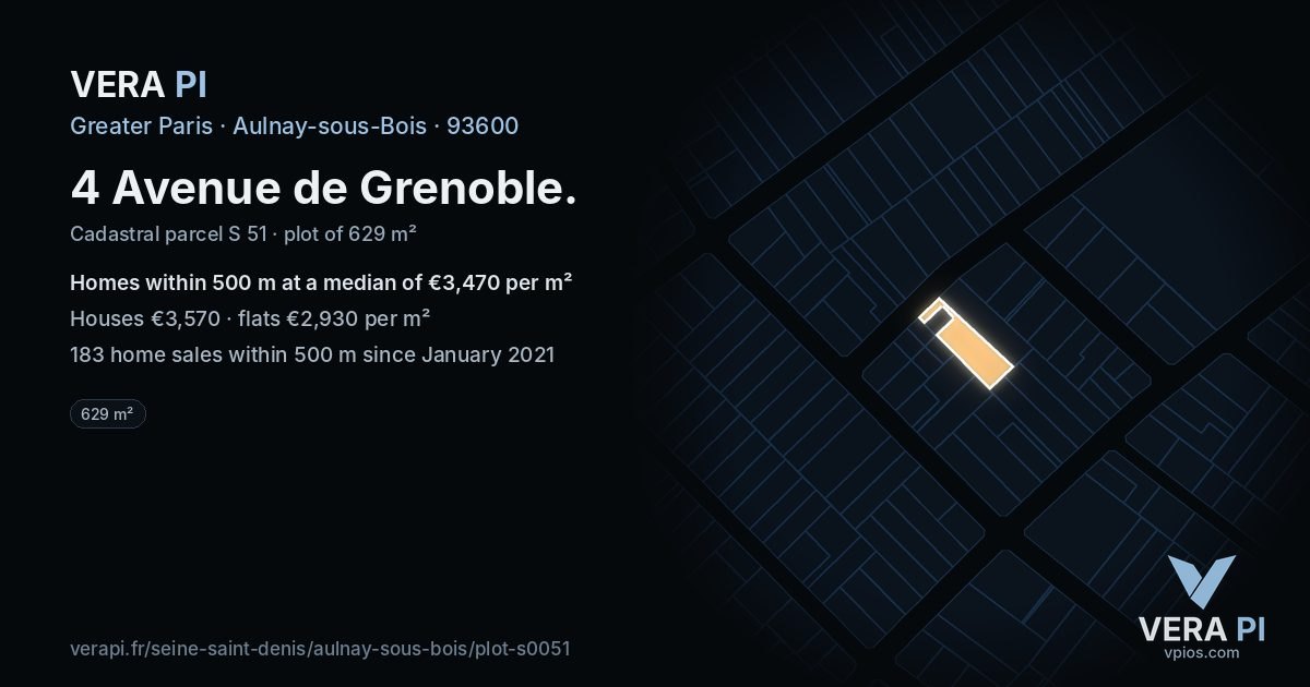 4 Avenue de Grenoble, Aulnay-sous-Bois at night – the plot lit, the parcels around coloured by the prices near them