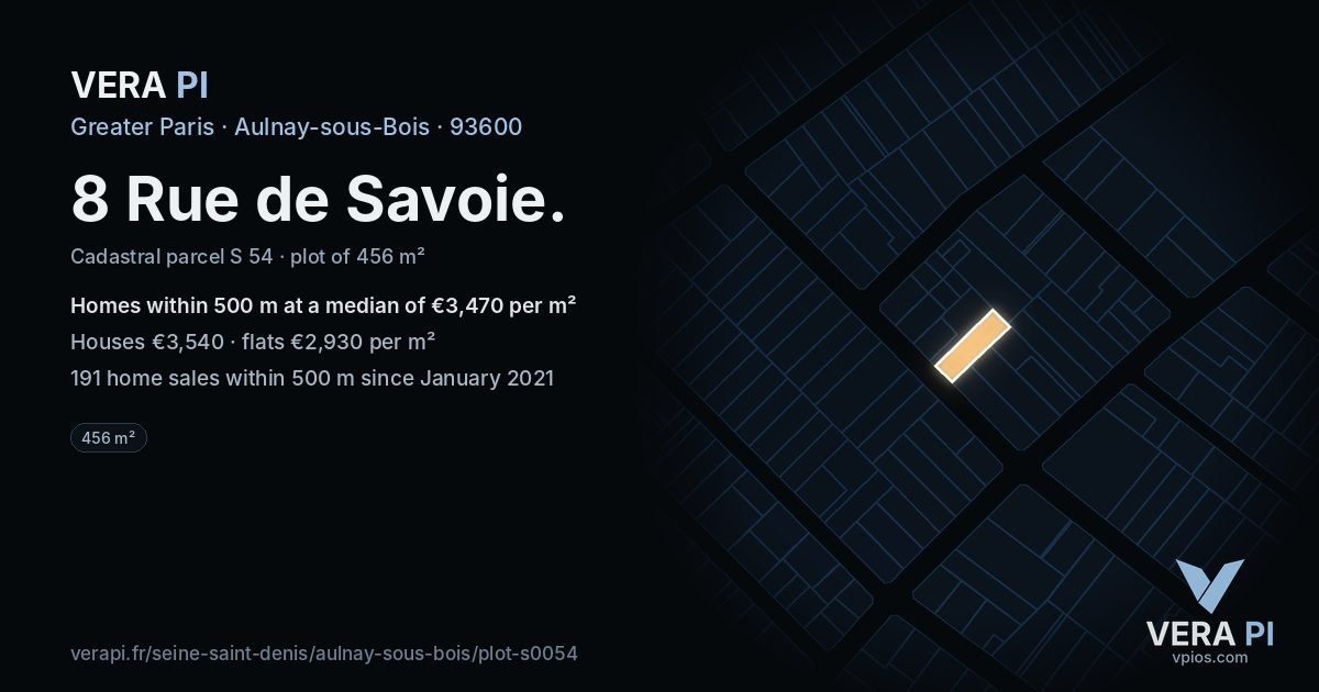 8 Rue de Savoie, Aulnay-sous-Bois at night – the plot lit, the parcels around coloured by the prices near them