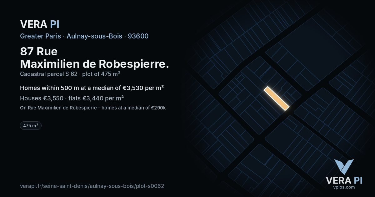 87 Rue Maximilien de Robespierre, Aulnay-sous-Bois at night – the plot lit, the parcels around coloured by the prices near them